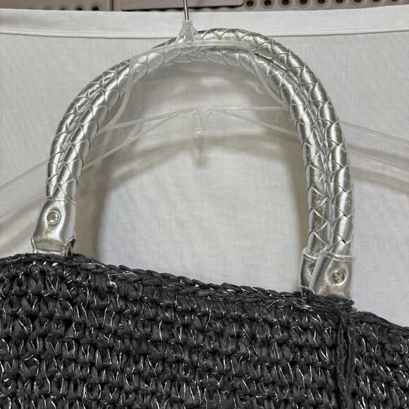Straw purse bag black boho Medium black handles Silver Metallic Threads - Picture 5 of 7